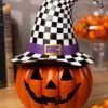 10 Inch Lighted Halloween Pumpkin With Witch Hat