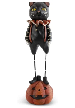 10-Inch Resin Black Cat With Metal Legs Standing On Pumpkin Decoration