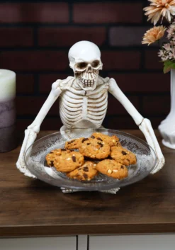 10-Inch Resin Sitting Skeleton Holding Glass Plate Decoration