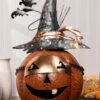 13-Inch Metal Jack O Lantern With Witch Hat And Bat Decoration