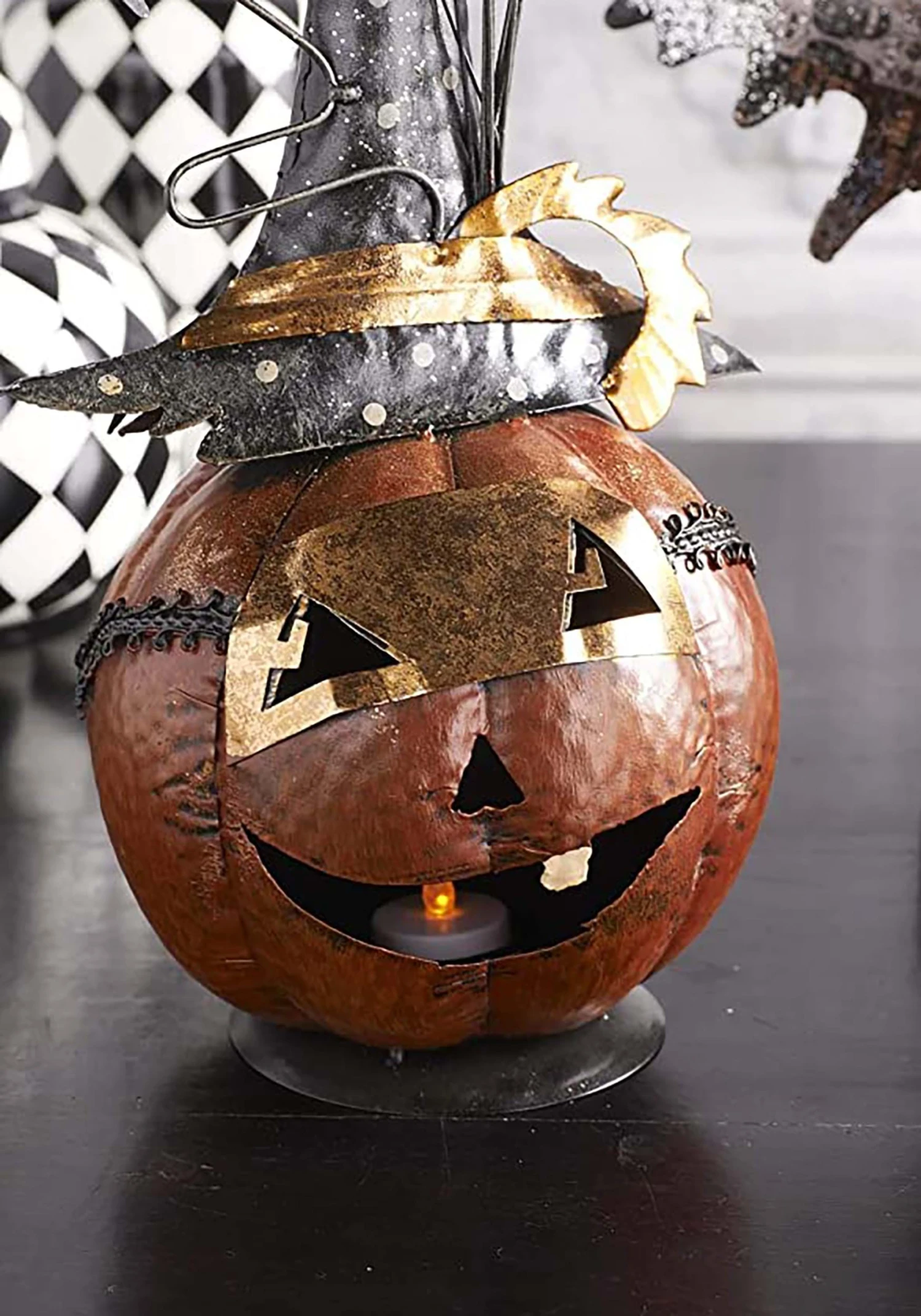13-Inch Metal Jack O Lantern With Witch Hat And Bat Decoration 2 13-Inch Metal Jack O Lantern With Witch Hat And Bat Decoration - Image 2