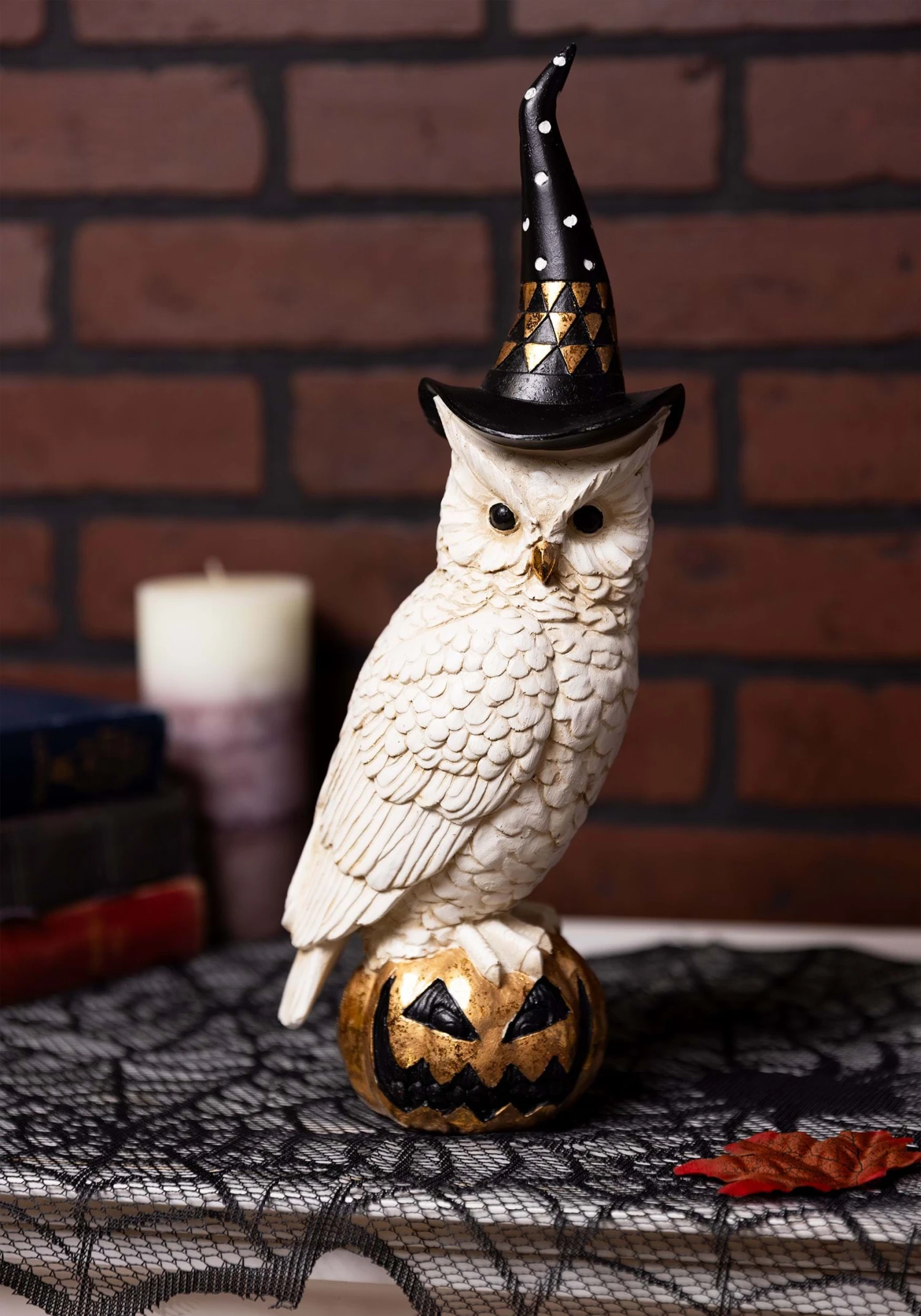 14" White & Gold Owl With Witch Hat On Gold Jack-O-Lantern 1 14" White & Gold Owl With Witch Hat On Gold Jack-O-Lantern