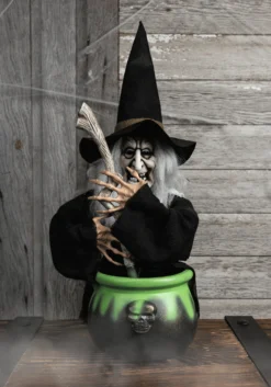 17" Brewing Witch With Black Cauldron Decoration