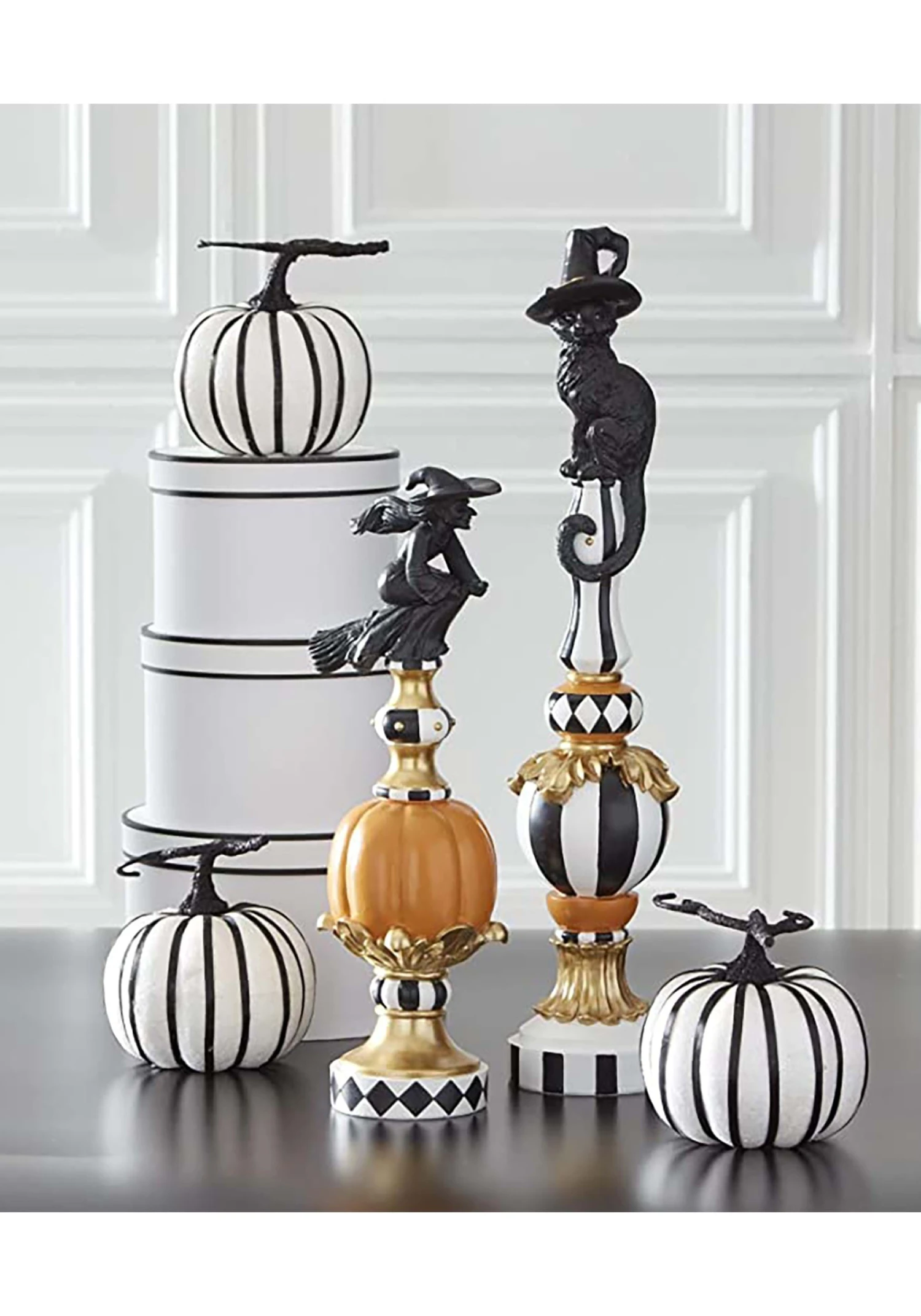17-Inch Resin Black White Orange And Gold Finial With Flying Witch Decoration 2 17-Inch Resin Black White Orange And Gold Finial With Flying Witch Decoration - Image 2