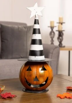 18-Inch LED Jack 'O Lantern With Black And White Hat Decoration