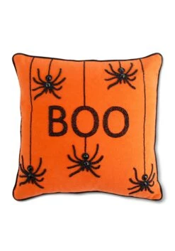 Orange 18 Inch Beaded BOO Spiders Halloween Decorative Pillow