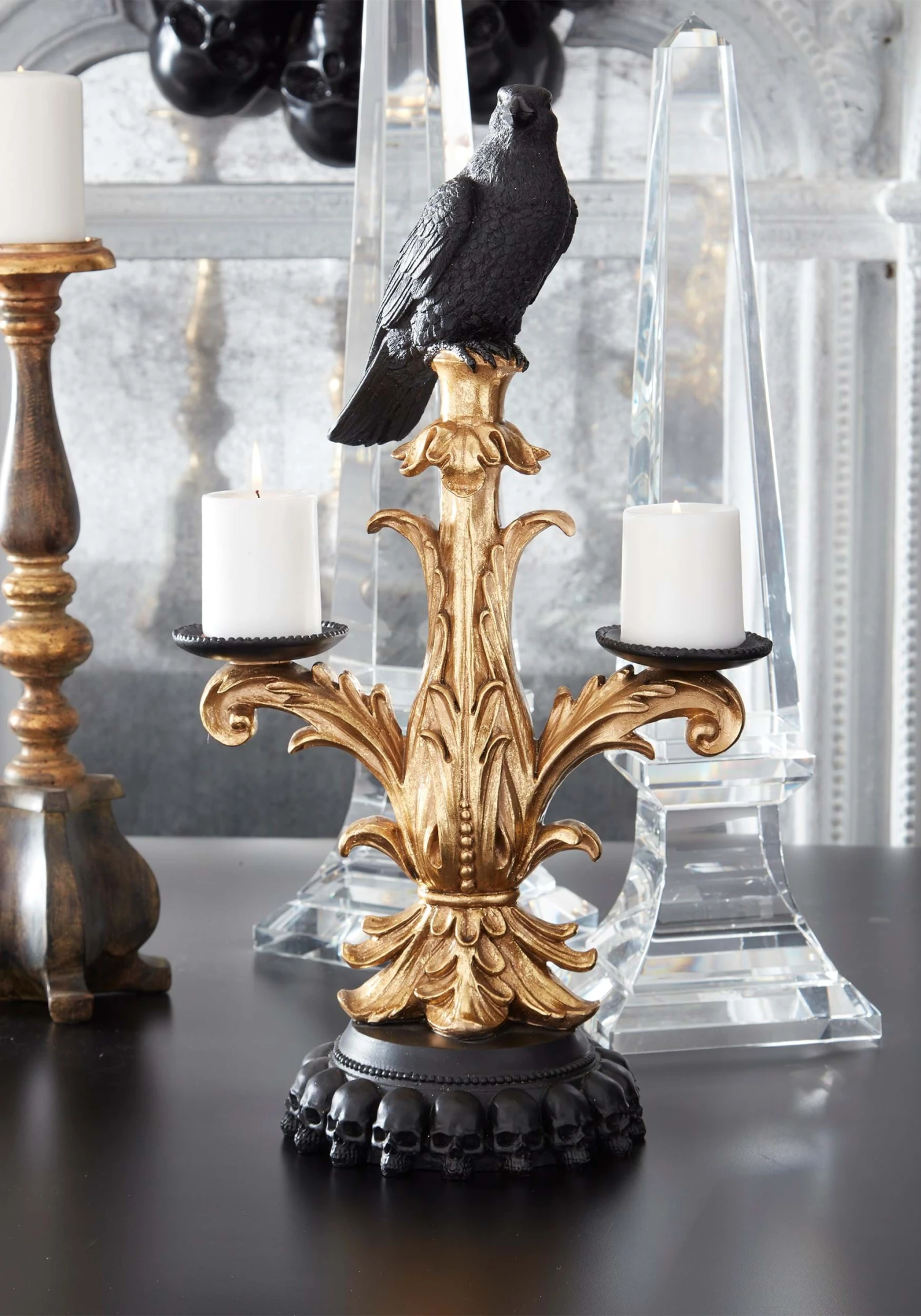 Gold And Black 21 Inch Resin Halloween Candelabra With Black Crow 2 Gold And Black 21 Inch Resin Halloween Candelabra With Black Crow - Image 2