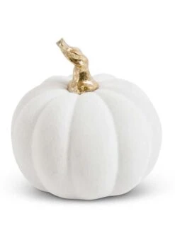 3.5" White Velvet Pumpkin With Twisted Gold Stem Decoration
