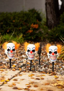 3 Piece Light Up Clown Head Stakes With Sound & Movement Decoration