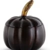 5 Inch Black Mango Wood Pumpkin With Lid And Gold Stem