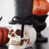 5-Inch Resin Skull With Glittery Black Top Hat Decoration