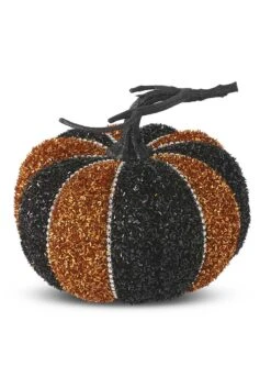6-Inch Black & Orange Tinsel Pumpkin Decoration