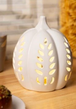 6.75 Inch White Ceramic Cutout LED Pumpkin Decoration