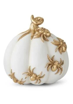 7" White Pumpkin With Gold Spiders Decoration