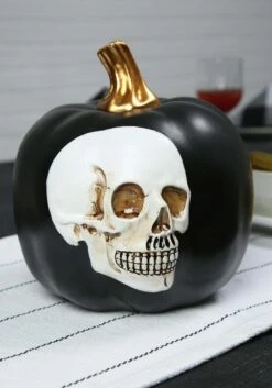 8.5-Inch Black Pumpkin With Embossed Skull Decoration