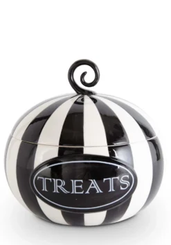 Nine Inch Black And White Striped Pumpkin Treats Container