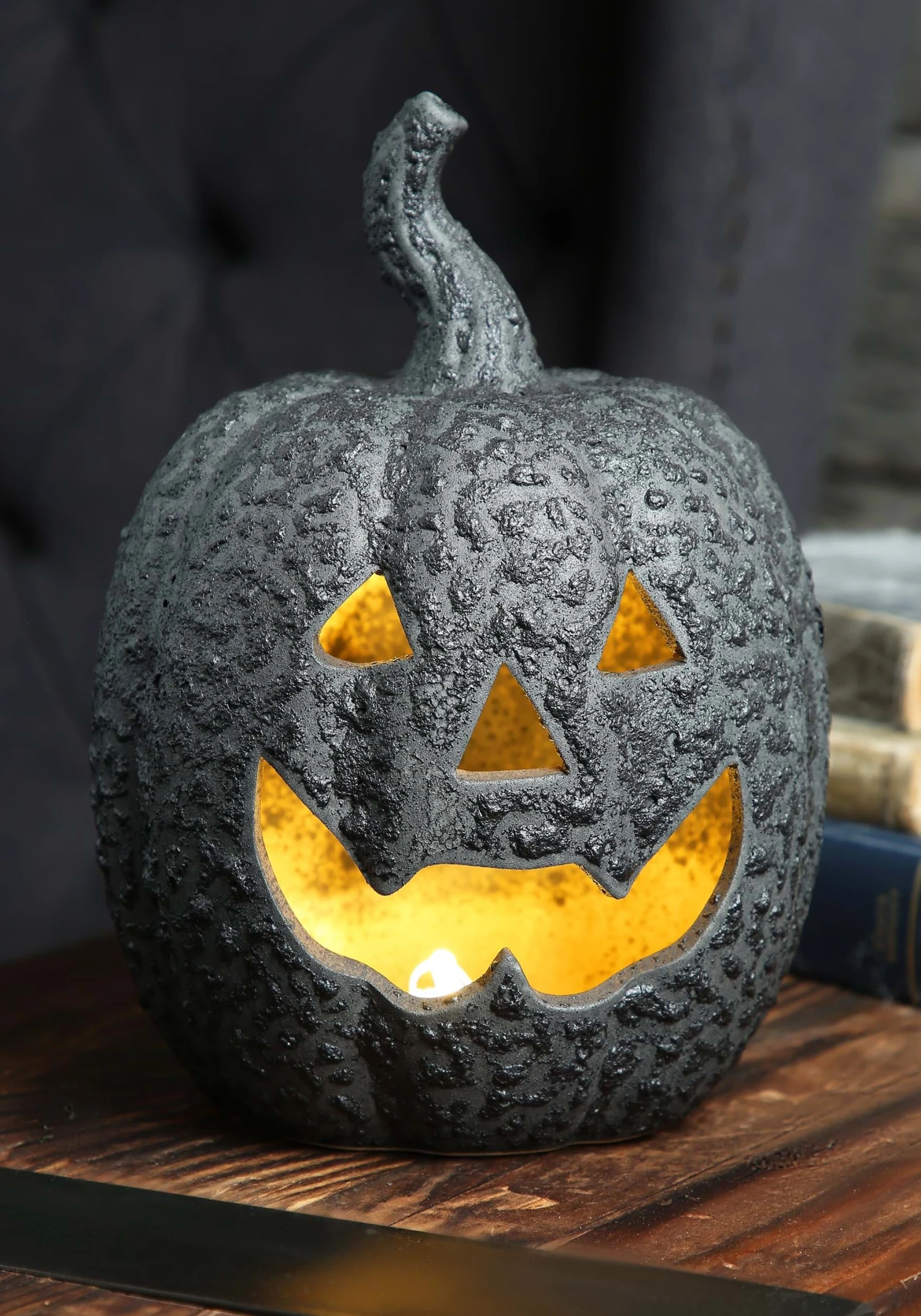 Large Ceramic Black Stone-Look Glow Pumpkin Decoration 1 Large Ceramic Black Stone-Look Glow Pumpkin Decoration