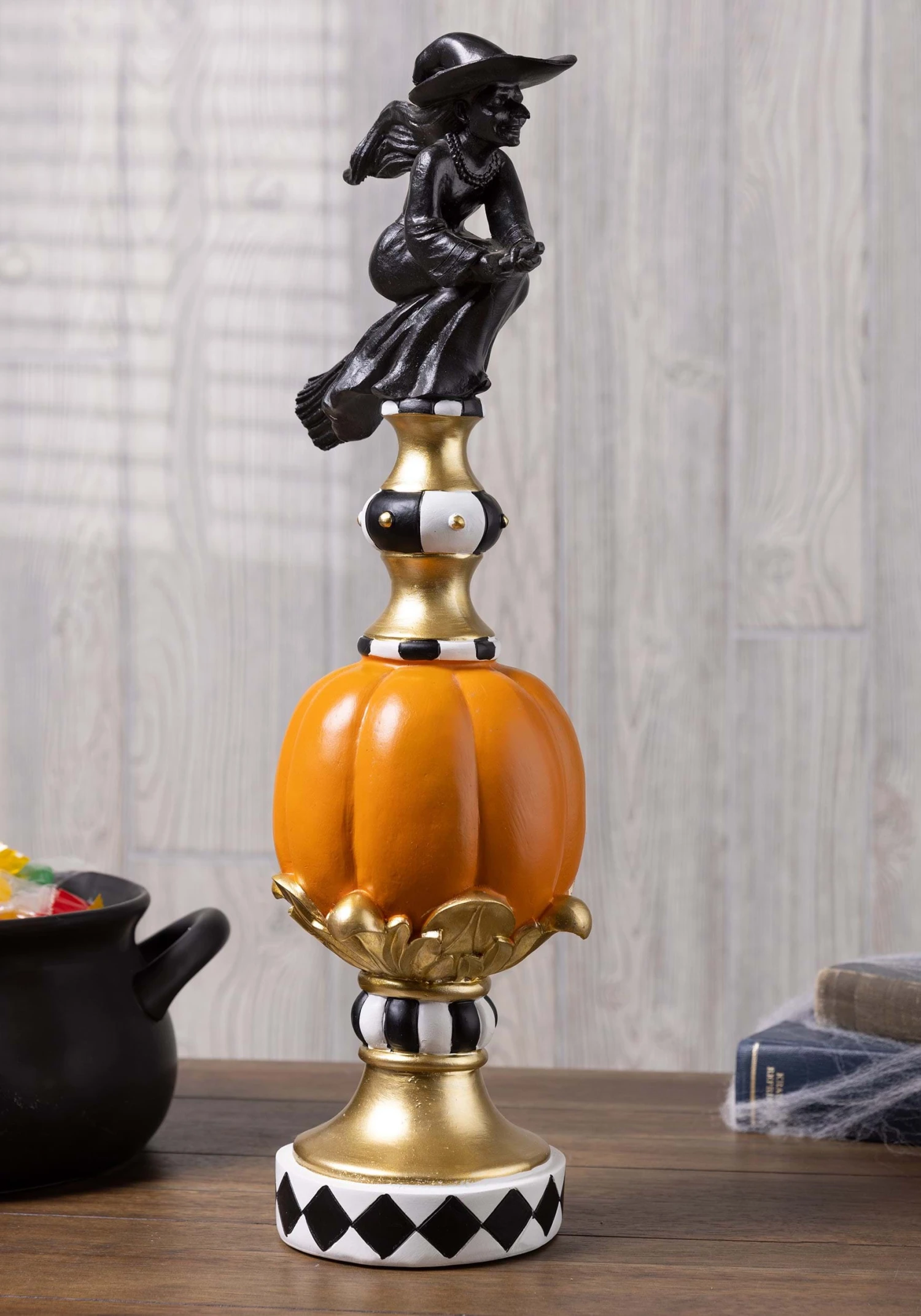 17-Inch Resin Black White Orange And Gold Finial With Flying Witch Decoration 1 17-Inch Resin Black White Orange And Gold Finial With Flying Witch Decoration