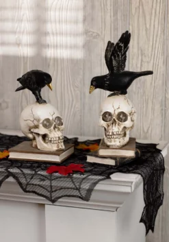 Set Of 2 Resin LED Skull On Books With Crow Halloween Figurines Decoration
