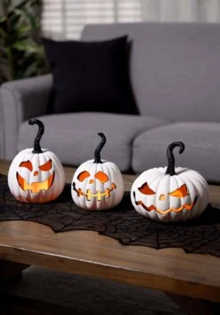 Set Of 3 White Resin LED Flicker Flame Jack 'O Lanterns Decoration