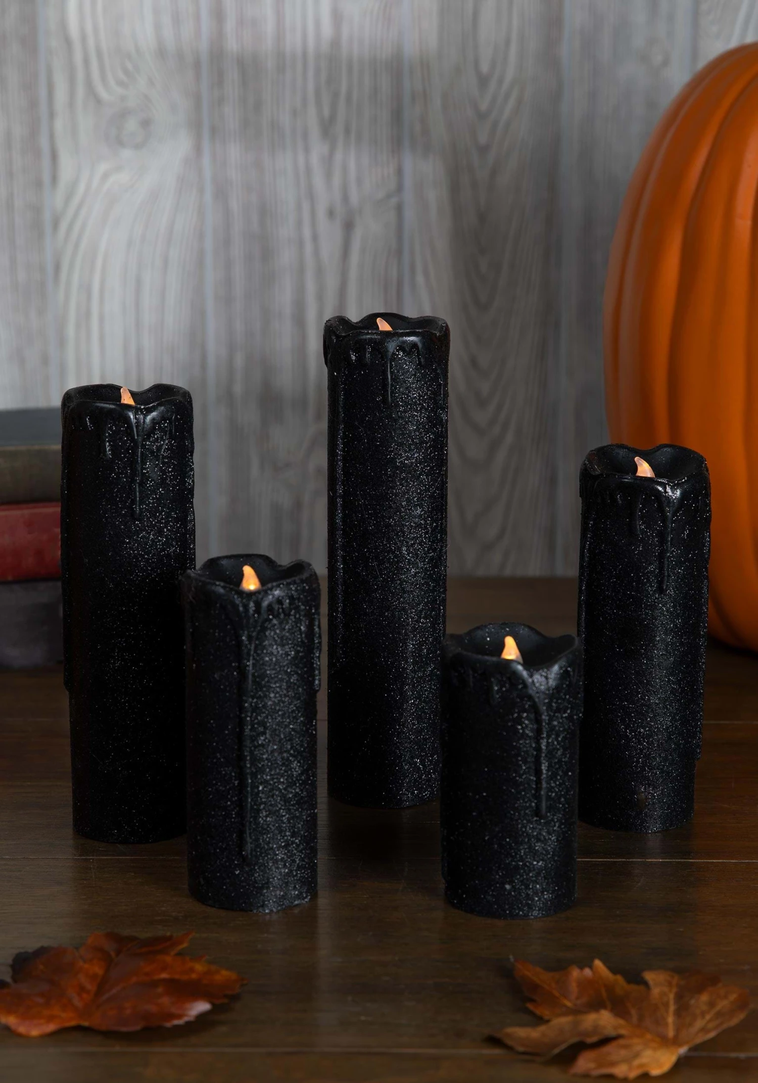 Set Of 5 Decorative Black Glitter LED Candles 1 Set Of 5 Decorative Black Glitter LED Candles