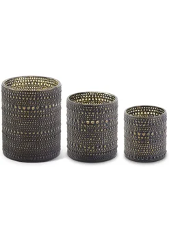 Set Of Three Black And Gold Glass Candle Holders