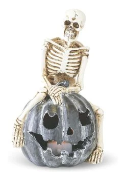 Set Of Three Resin Skeletons Sitting On LED Jack 'O Lanterns Decoration -Halloween Decoration Store set of three resin skeletons sitting on led jack o alt 2