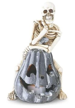 Set Of Three Resin Skeletons Sitting On LED Jack 'O Lanterns Decoration -Halloween Decoration Store set of three resin skeletons sitting on led jack o alt 3