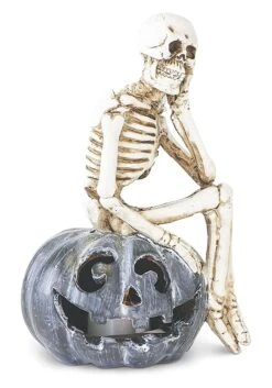 Set Of Three Resin Skeletons Sitting On LED Jack 'O Lanterns Decoration -Halloween Decoration Store set of three resin skeletons sitting on led jack o alt 4