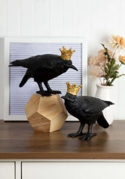 Set Of Two Resin Crows With Gold Crowns Halloween Decoration
