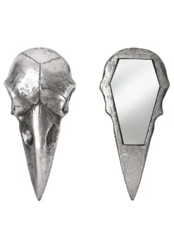 Raven Skull Silver Hand Mirror Decoration 5 Raven Skull Silver Hand Mirror Decoration -Halloween Decoration Store silver raven skull hand mirror alt 2