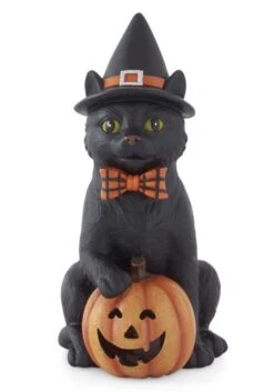 7.5-Inch Black Cat With Witch Hat & LED Jack O Lantern Decoration